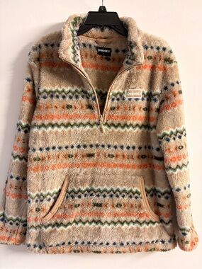 Hooey Men’s Beige Fleece Zip Pullover with Orange and Green Pattern